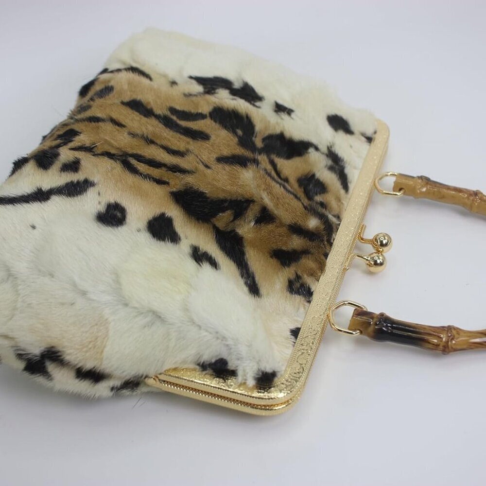 Women's Mink Fur Clutch Animal Print Mini Handbag with Kisslock Closure - Picture 4 of 9